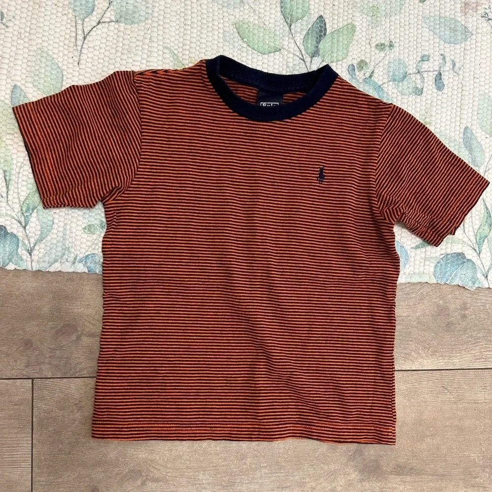 Rare Vintage Polo Ralph Lauren Little Boys Orange and Navy Striped Tee Size 5